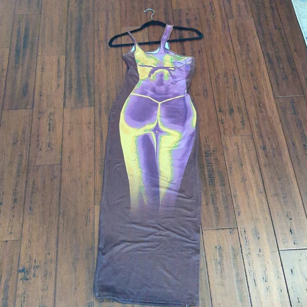 Asymmetric One-Shoulder Brown, Purple & Yellow Print Maxi Dress Size:X-Small - Picture 4 of 4